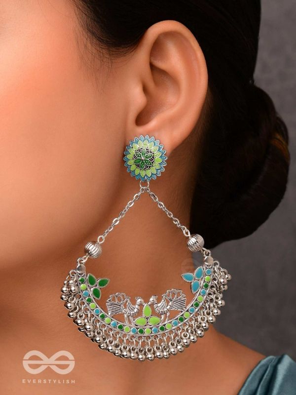 Mystical Peacocks In Sea Green - Enamelled Oxidised Earrings