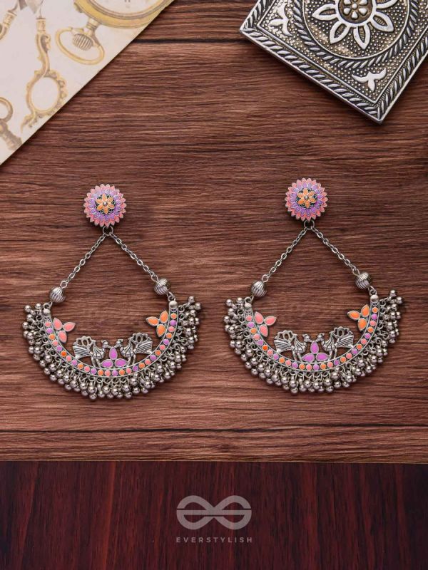 Mystical Peacocks In Coral - Enamelled Oxidised Earrings