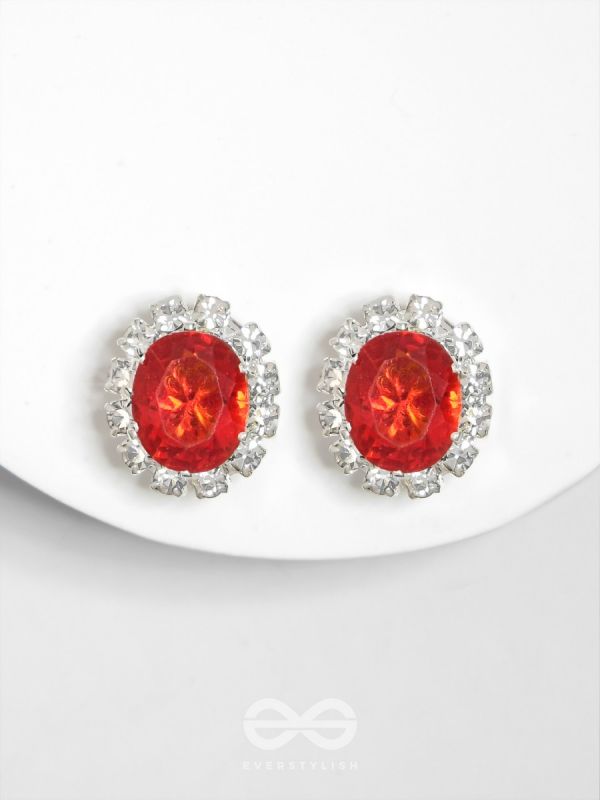 SHIMMER AND SHINE - SILVER AND RED EMBELLISHED STUD EARRINGS