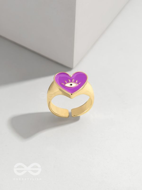 Eye Heart You - Purple Enamelled Golden Ring (Adjustable)