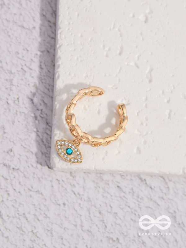 Eye Of Glamour - Golden Embellished Charm Ring (Adjustable)