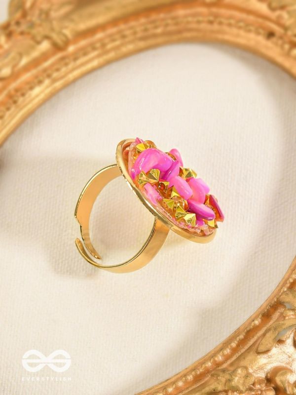 Sparkles & Stones  - Golden Embellished Ring (Pink) (Adjustable)