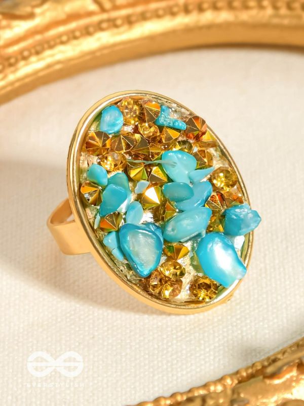Sparkles & Stones  - Golden Embellished Ring (Blue) (Adjustable)