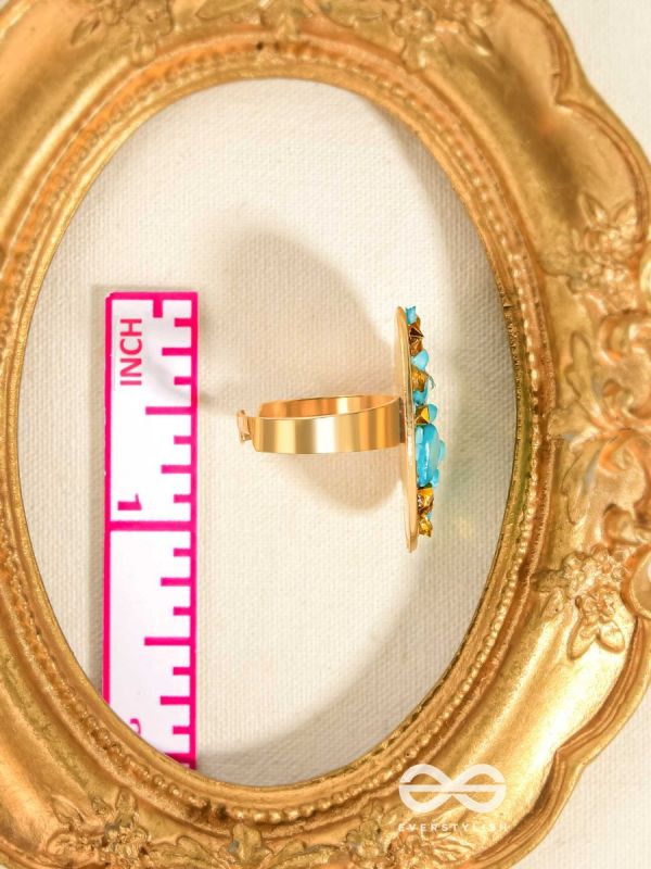 Sparkles & Stones  - Golden Embellished Ring (Blue) (Adjustable)