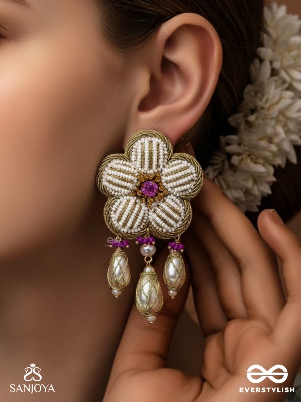 ABHRAPUSPA - THE CLOUDY FLOWER- STONES, BEADS AND PEARL DROPS HAND EMBROIDERED EARRINGS