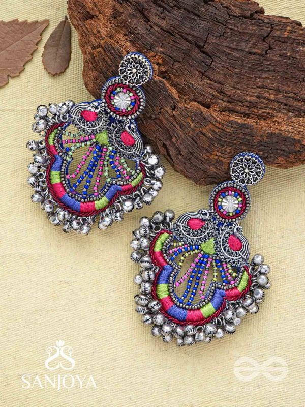 Abherī - The Melodic Dance - Resham And Beads Hand Embroidered Oxidised Earrings