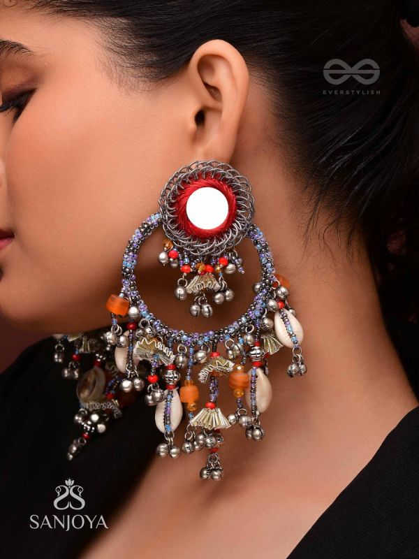 Pradhma - The Ocean Treasures - Beads, Mirror And Shells Hand Embroidered Oxidised Earrings