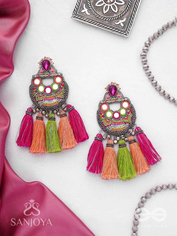Ksipra - Shades Of Spring - Beads, Mirror And Sequins Hand Embroidered Oxidised Earrings
