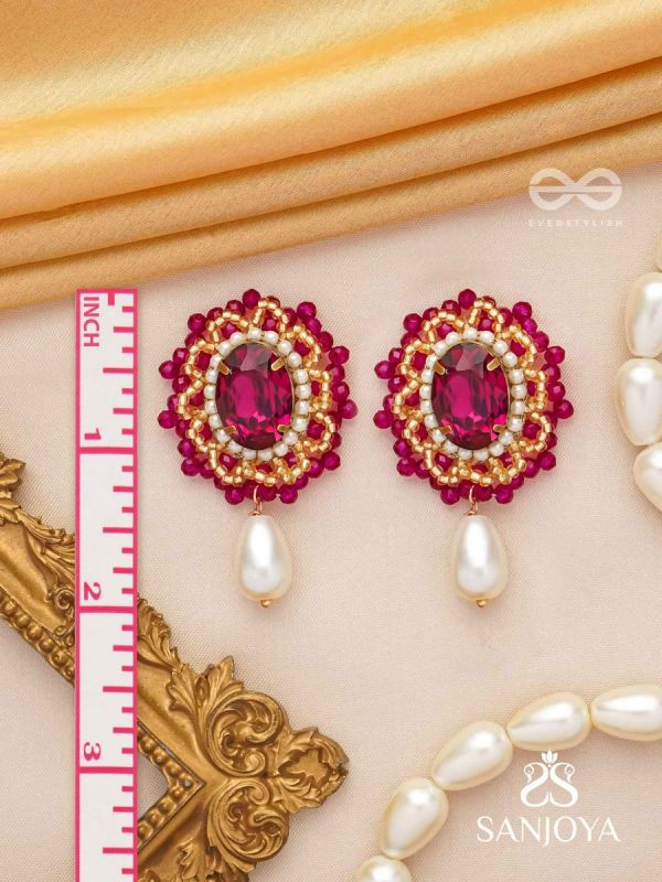 Vasatya- The Pink Dust- Stones, Beads And Pearl Drops Hand Embroidered Earrings