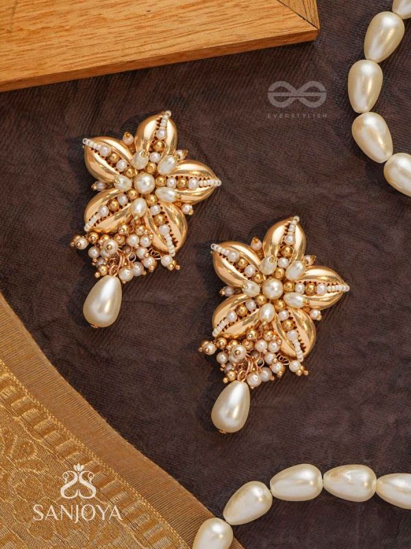 Kanaka - The Gleaming Blossoms - Beads, Shells And Pearl Drops Hand Embroidered Earrings