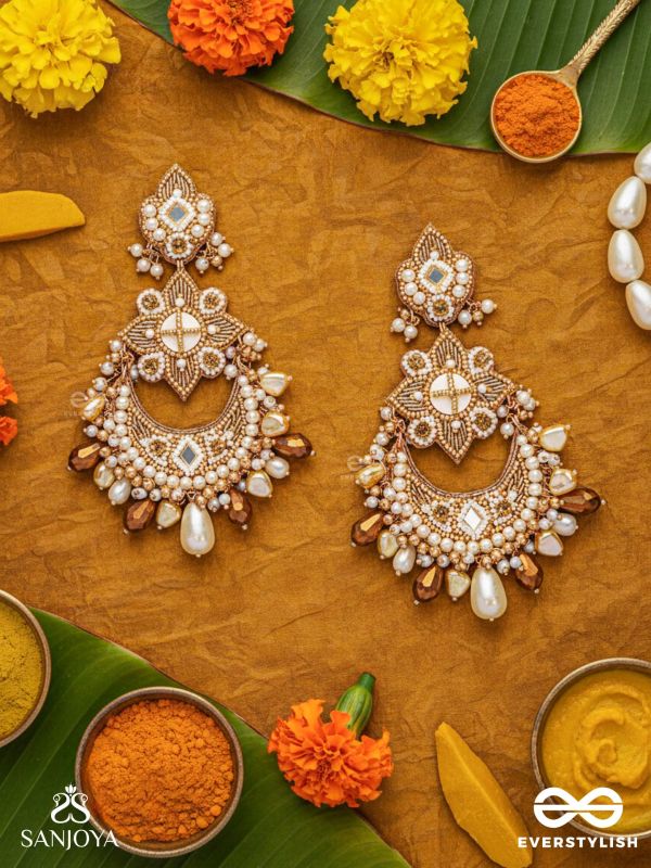 Adhirukma - The Celestial Petals - Beads, Mirrors And Glass Drops Hand Embroidered Earrings