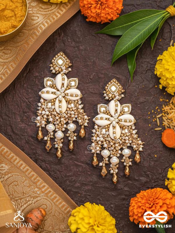 Sambuka- The Golden Snowflakes - Beads, Shells And Glass Drop Hand Embroidered Earrings