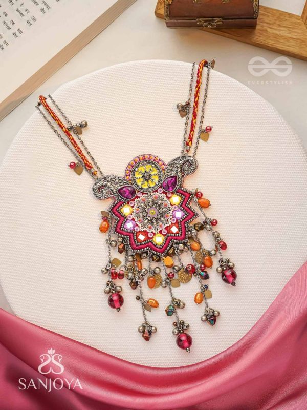 Ucchvasita - The Royal Bloom - Stones, Mirror And Beads Hand Embroidered Oxidized Neckpiece