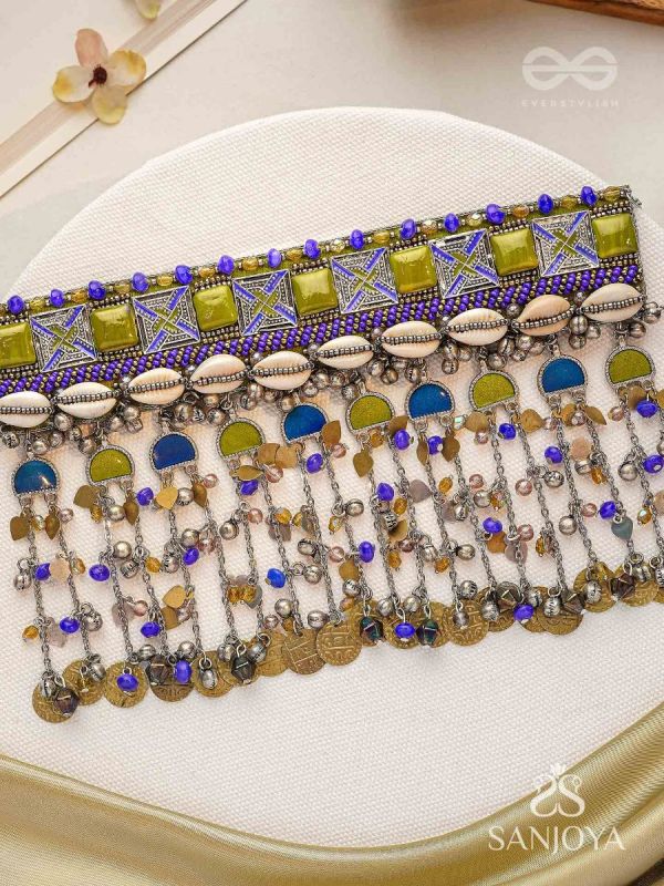 Bhumimaye - The Earthy Cadence - Shells, Beads And Coins Enamelled Hand Embroidered Oxidised Choker Neckpiece