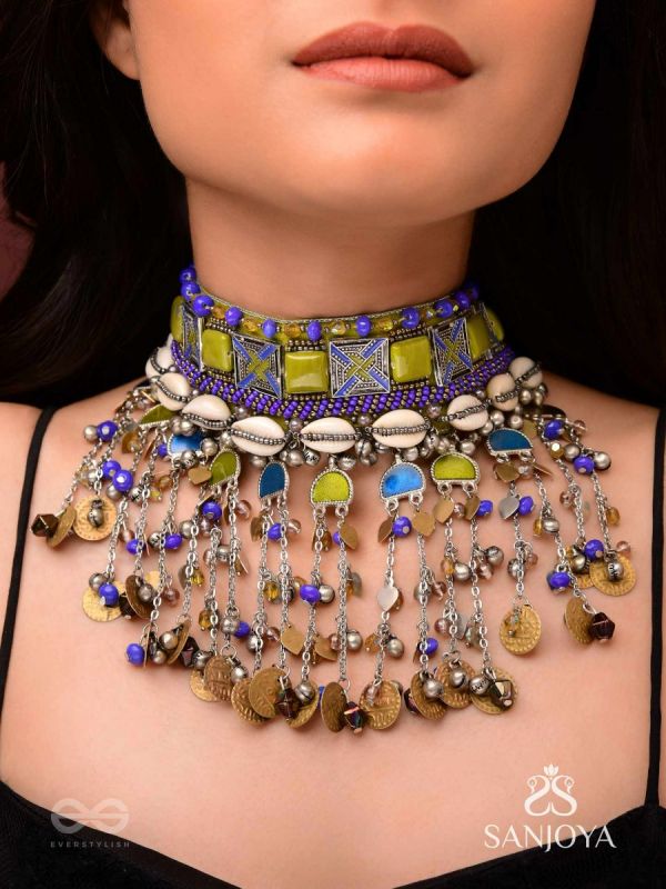 Bhumimaye - The Earthy Cadence - Shells, Beads And Coins Enamelled Hand Embroidered Oxidised Choker Neckpiece