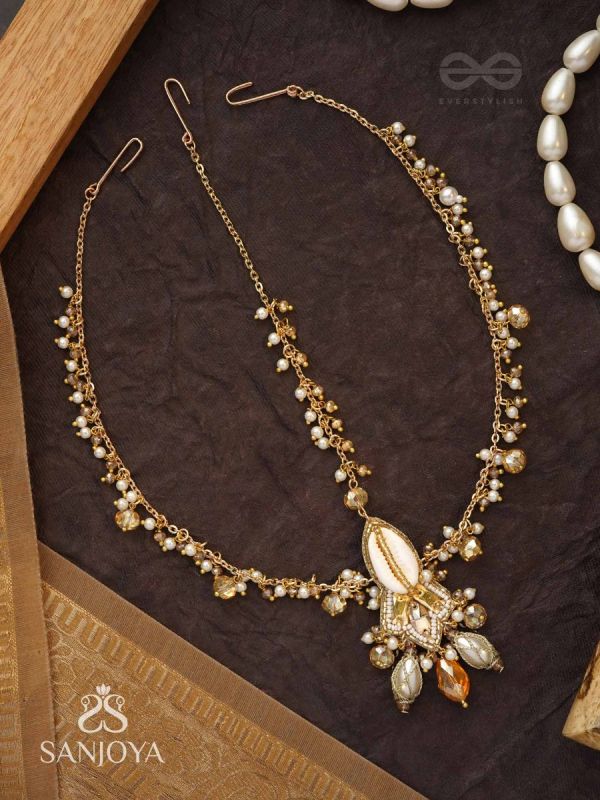 Daksayanina - Champagne Frost - Beads, Shells And Glass Drops Hand Embroidered Maangtika