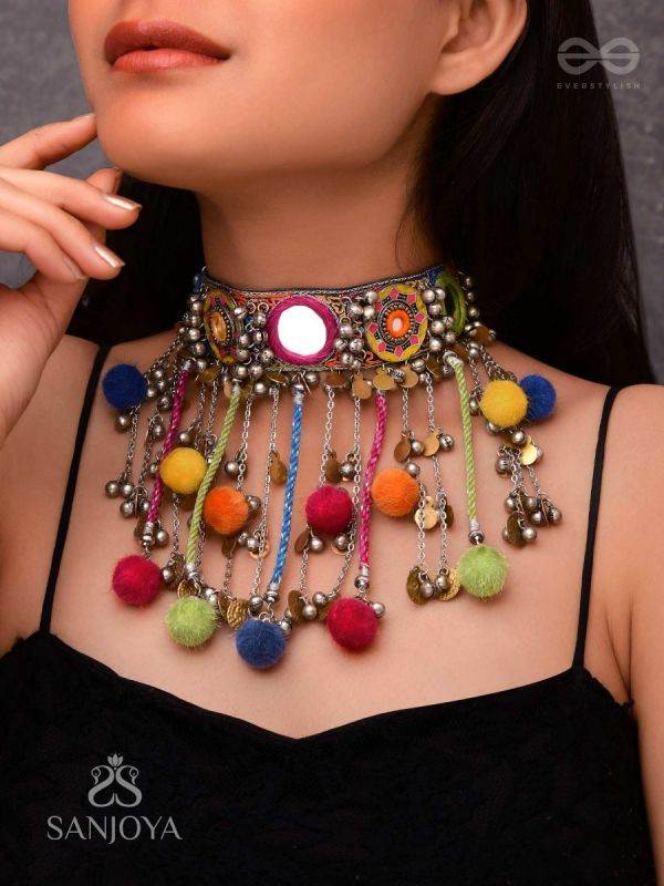 Varnaih - The Shades Of Life - Mirror, Beads And Coins Hand Embroidered Oxidised Neckpiece