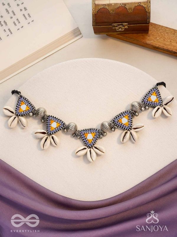 Shanakhya - The Prismy Shells - Mirrors, Shells, Resham And Beads Hand Embroidered Oxidised Choker Neckpiece