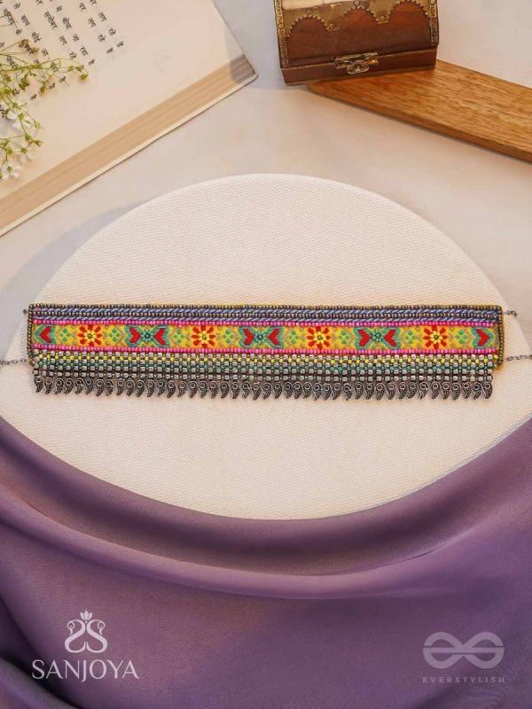 Aatpavat - The Sunlit Field - Resham And Beads Hand Embroidered Oxidised Lace Choker Neckpiece