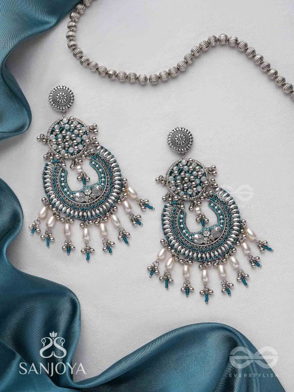 Atisiddhi- The Perfect Intricacy- Beads And Pearl Drops Hand Embroidered Oxidised Earrings