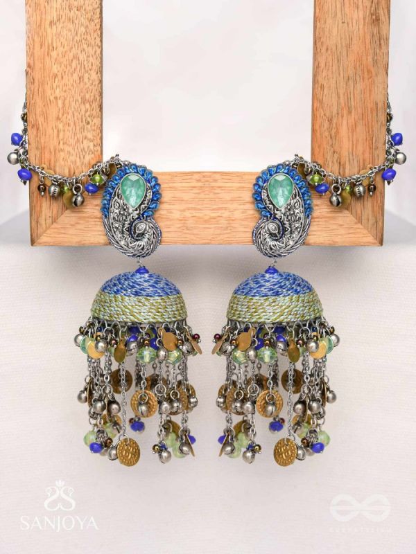 Anugita - Song Of The Sky - Stone, Coins And Beads Hand Embroidered Oxidised Earrings