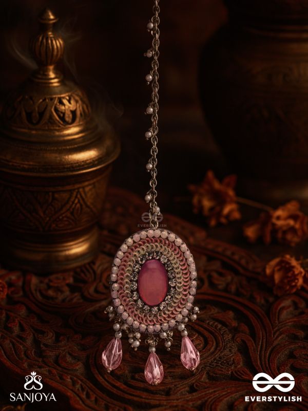 Alijihvika - The Sweet Mist - Stone, Sequins And Glass Drop Hand Embroidered Maangtika