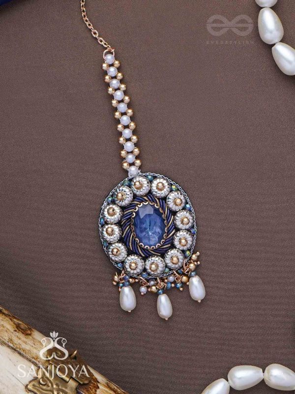 Adhilokam- The Neptune Goddess- Stone, Beads And Pearl Drops Hand Embroidered Maangtika