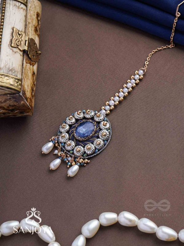 Adhilokam- The Neptune Goddess- Stone, Beads And Pearl Drops Hand Embroidered Maangtika