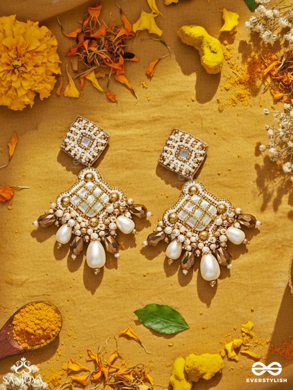 Kosavasin - Golden Sands Delight -Beads And Glass Drops Hand Embroidered Earrings