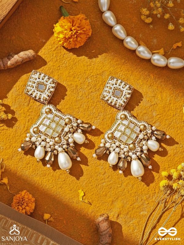 Kosavasin - Golden Sands Delight -Beads And Glass Drops Hand Embroidered Earrings