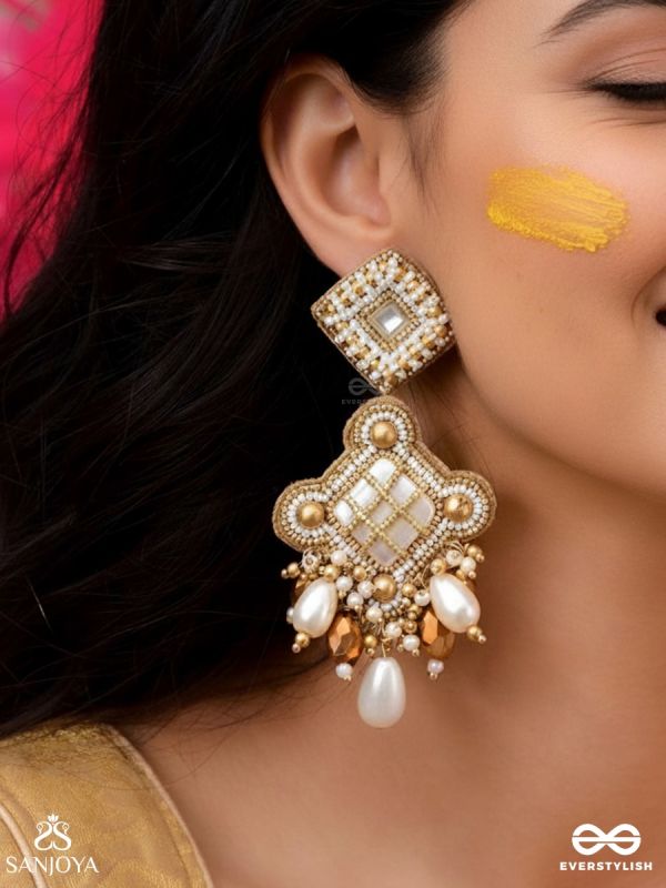 Kosavasin - Golden Sands Delight -Beads And Glass Drops Hand Embroidered Earrings