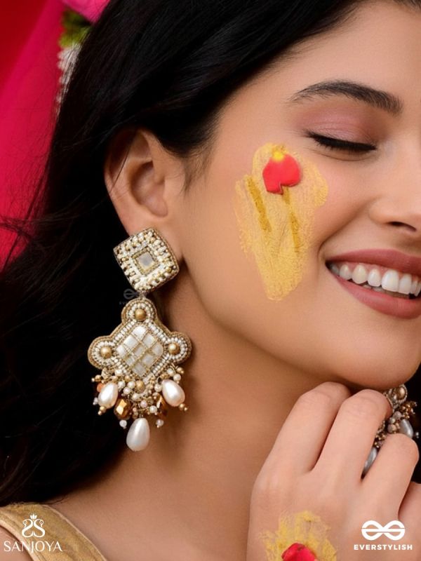 Kosavasin - Golden Sands Delight -Beads And Glass Drops Hand Embroidered Earrings