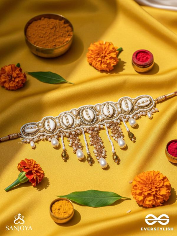 Abdhimanduki - The Pearl Lagoon- Shells, Beads, Pearl And Glass Drops Hand Embroidered Neckpiece