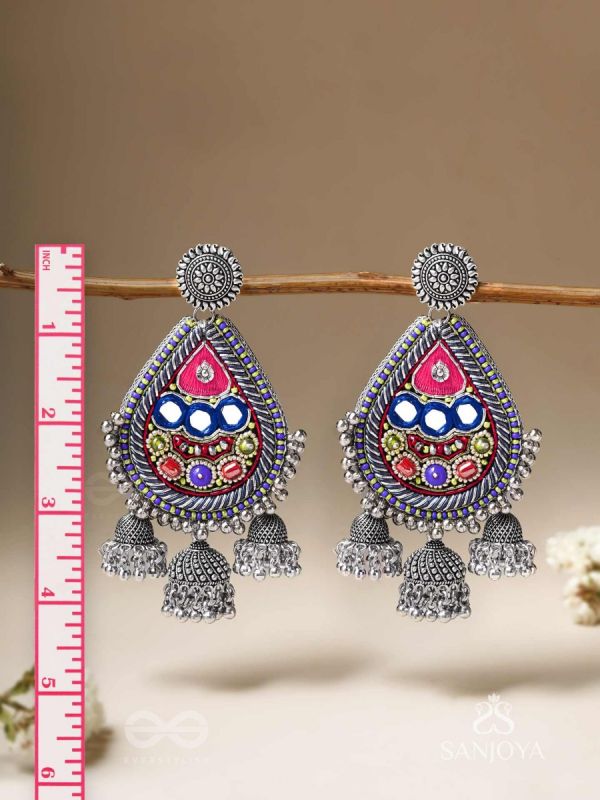 Kalatra- The Royal Citadel- Mirror, Resham And Beads Hand Embroidered Oxidised Earrings