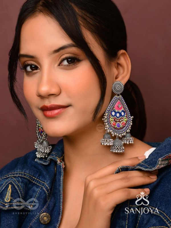 Kalatra- The Royal Citadel- Mirror, Resham And Beads Hand Embroidered Oxidised Earrings