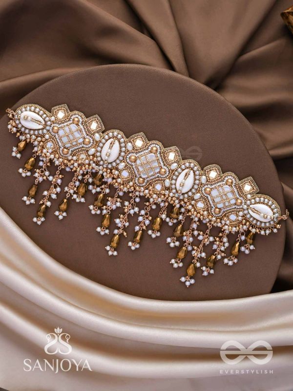 Bhadrashochi- The Shimmering Shower- Shells, Beads, Mirror And Glass Drops Hand Embroidered Choker Neckpiece
