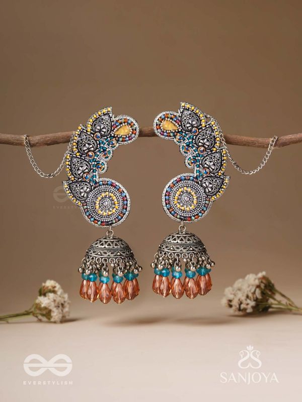 Kalaap- The Peacock's Tail- Beads And Glass Drops Hand Embroidered Oxidised Jhumka Earrings