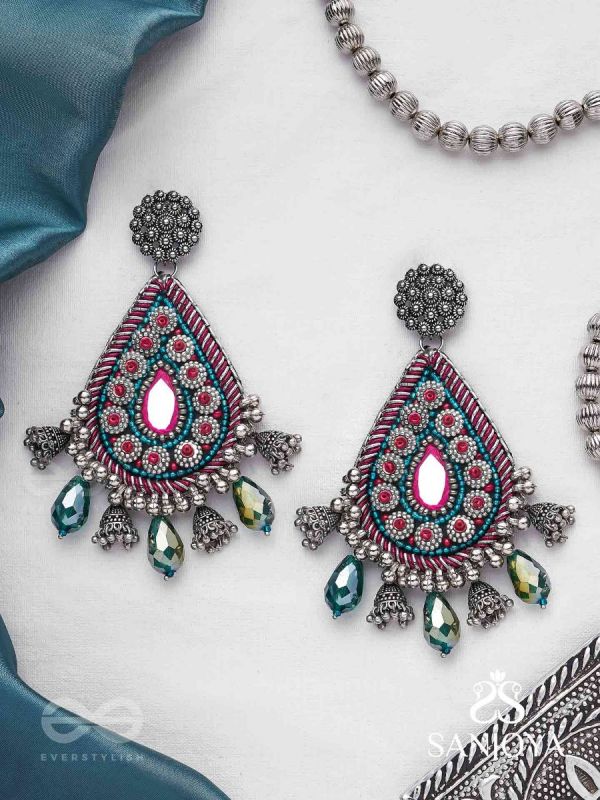 Abaddh - The Capricious Merries - Beads And Glass Drops Hand Embroidered Oxidised Earrings