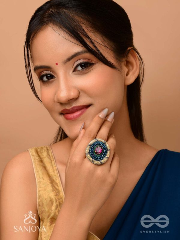 Rajavarta - The Amethyst Luck- Stone And Cutdana Hand Embroidered Ring (Adjustable)