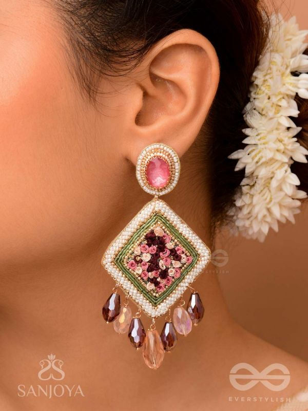 Saukumaryam- The Rouge Delicacy- Resham, Beads And Glass Drops Hand Embroidered Earrings