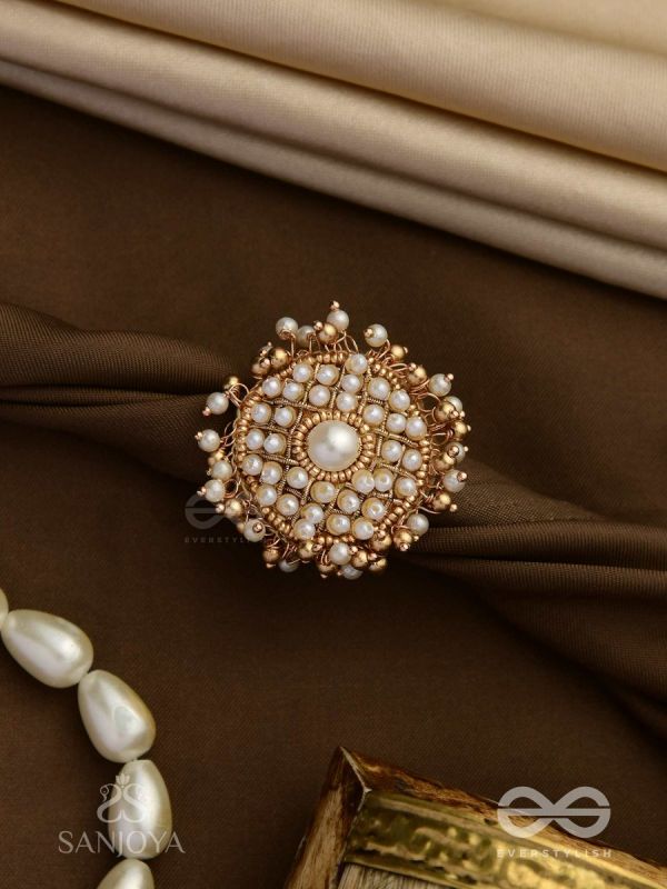 Atimukta- The Pearly Proposal- Pearl And Beads Hand Embroidered Golden Ring (Adjustable)