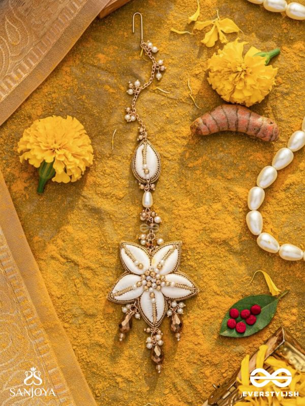 Stimit - The Cowrie Calm- Shells, Beads And Glass Drops Hand Embroidered Maangtika