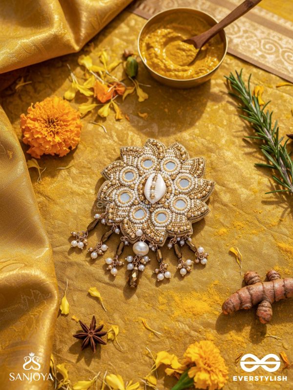 Prabhanjanam - The Stormy Reflectors - Shell, Mirrors And Glass Drops Hand Embroidered Hair Accessory