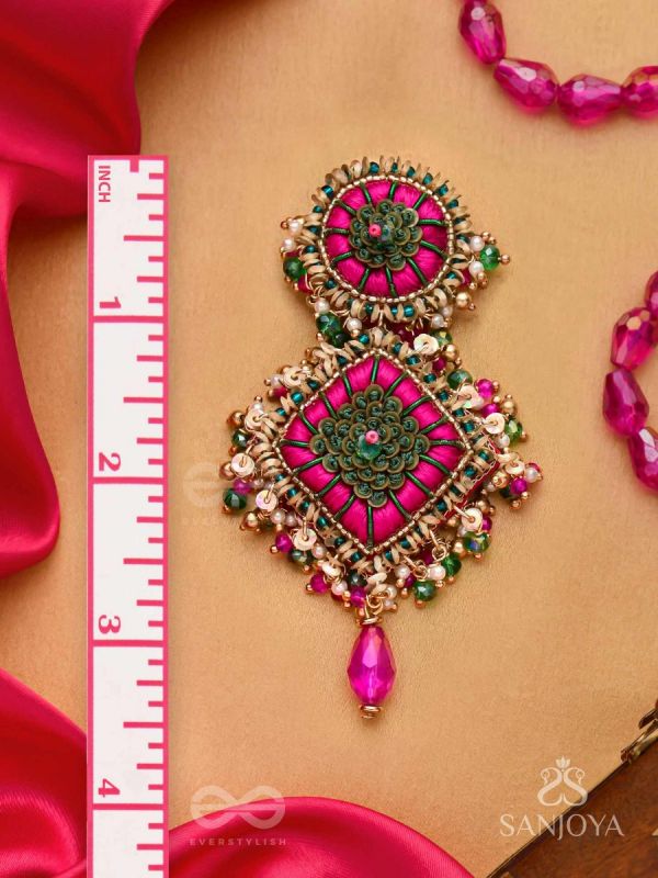 Stavak - The Dahlia Bouquet - Resham, Beads And Glass Drops Hand Embroidered Earrings