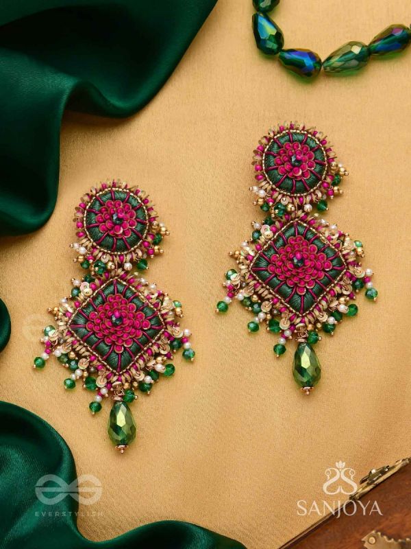 Ardramanjari - The Peony Cluster - Resham, Beads And Glass Drops Hand Embroidered Earrings