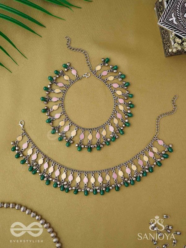 Kadkani - The Pastel Bells - Enamelled Oxidised Anklets (Set Of 2)