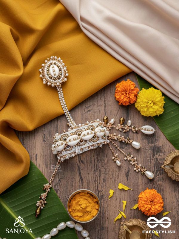 Vivriddhi - The Stream Of Prosperity - Shells, Beads, Glass And Pearl Drops Hand Embroidered Haathphool 