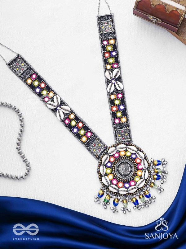Sheetbhanviye - The Lunar Celebrations - Shells, Mirrors, Resham And Glass Drops Hand Embroidered Oxidised Neckpiece