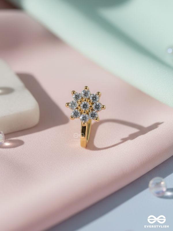 The Embedded Flower - Golden Cubic Zirconia NoseRing (NON-PIERCING)
