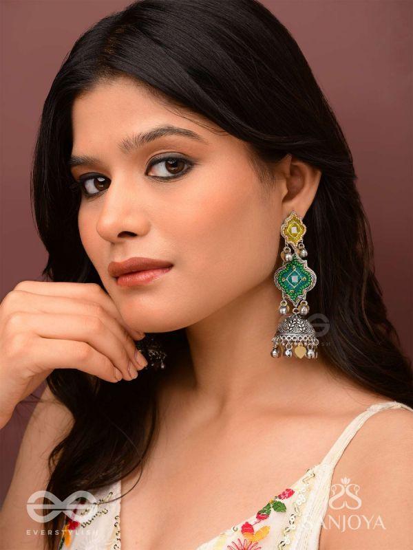 Aranyaj - Song Of The Forest - Beads, Dabka And Coins Hand Embroidered Oxidised Jhumka Earrings